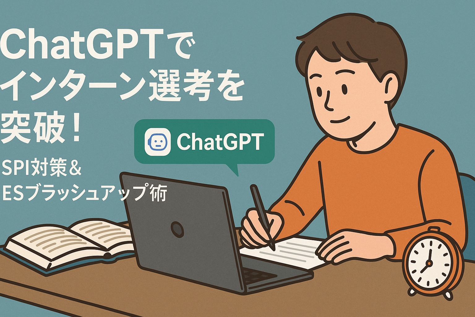 ChatGPTでESをブラッシュアップしている学生のイラスト