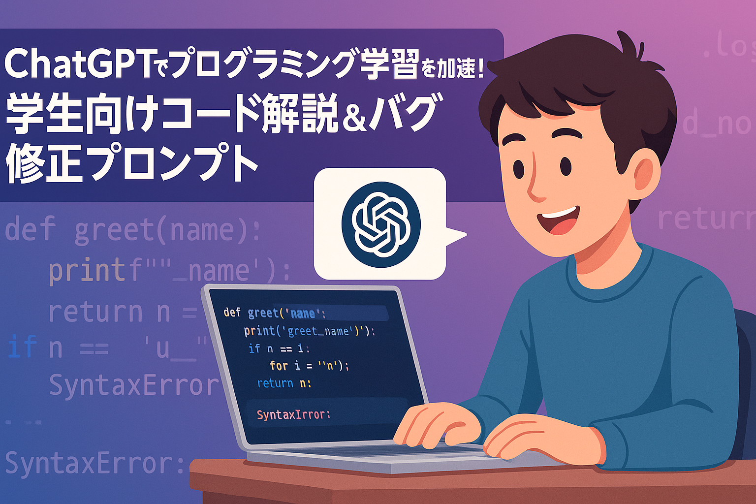 ChatGPTでプログラミング学習を加速！学生向けコード解説＆バグ修正プロンプト のアイキャッチバナー