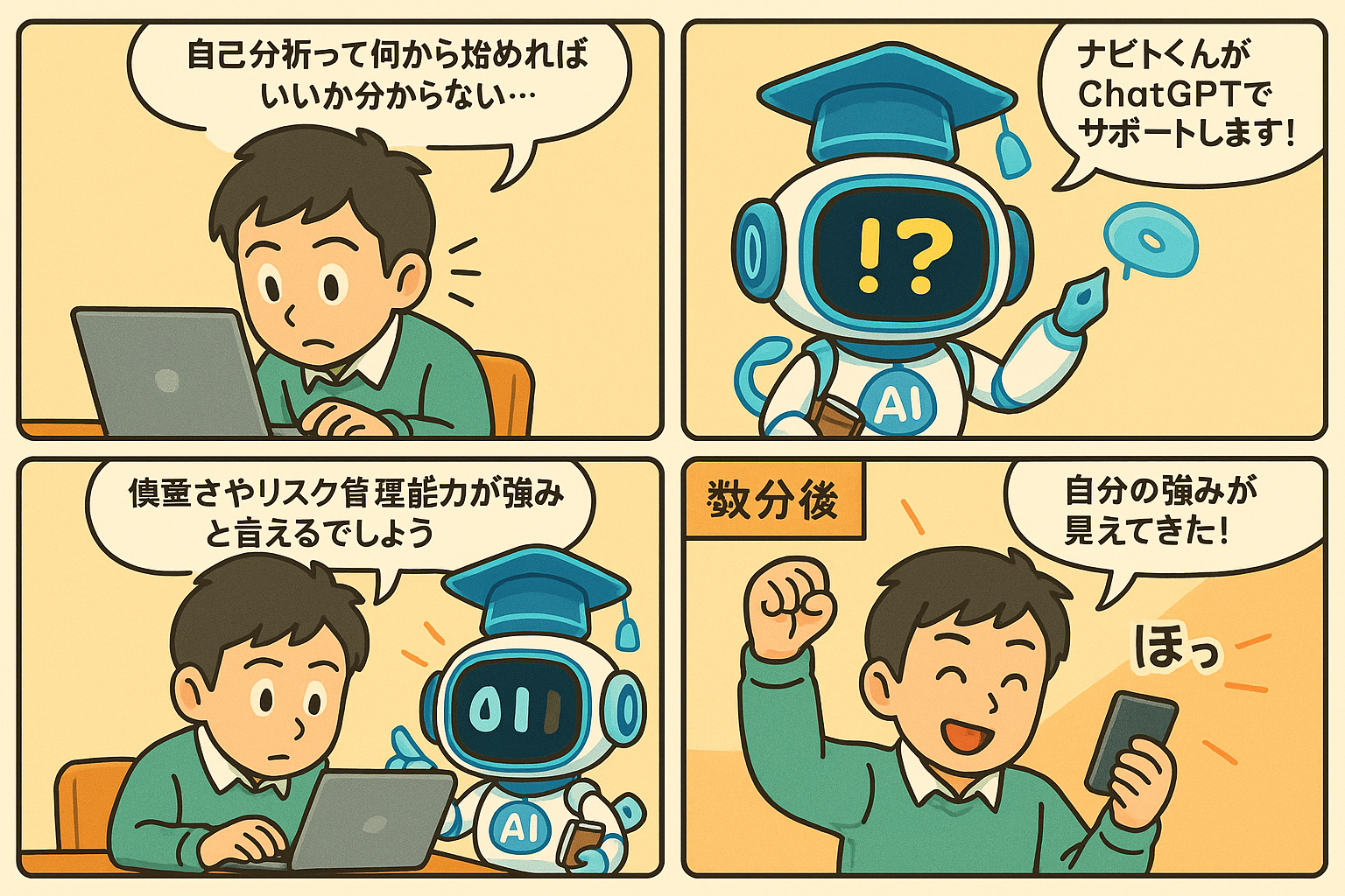 就活で自己分析に悩む学生が、AI学生ナビくんのアドバイスでChatGPTを使って自己理解を深め、自信を持って行動できるようになる4コマ漫画。