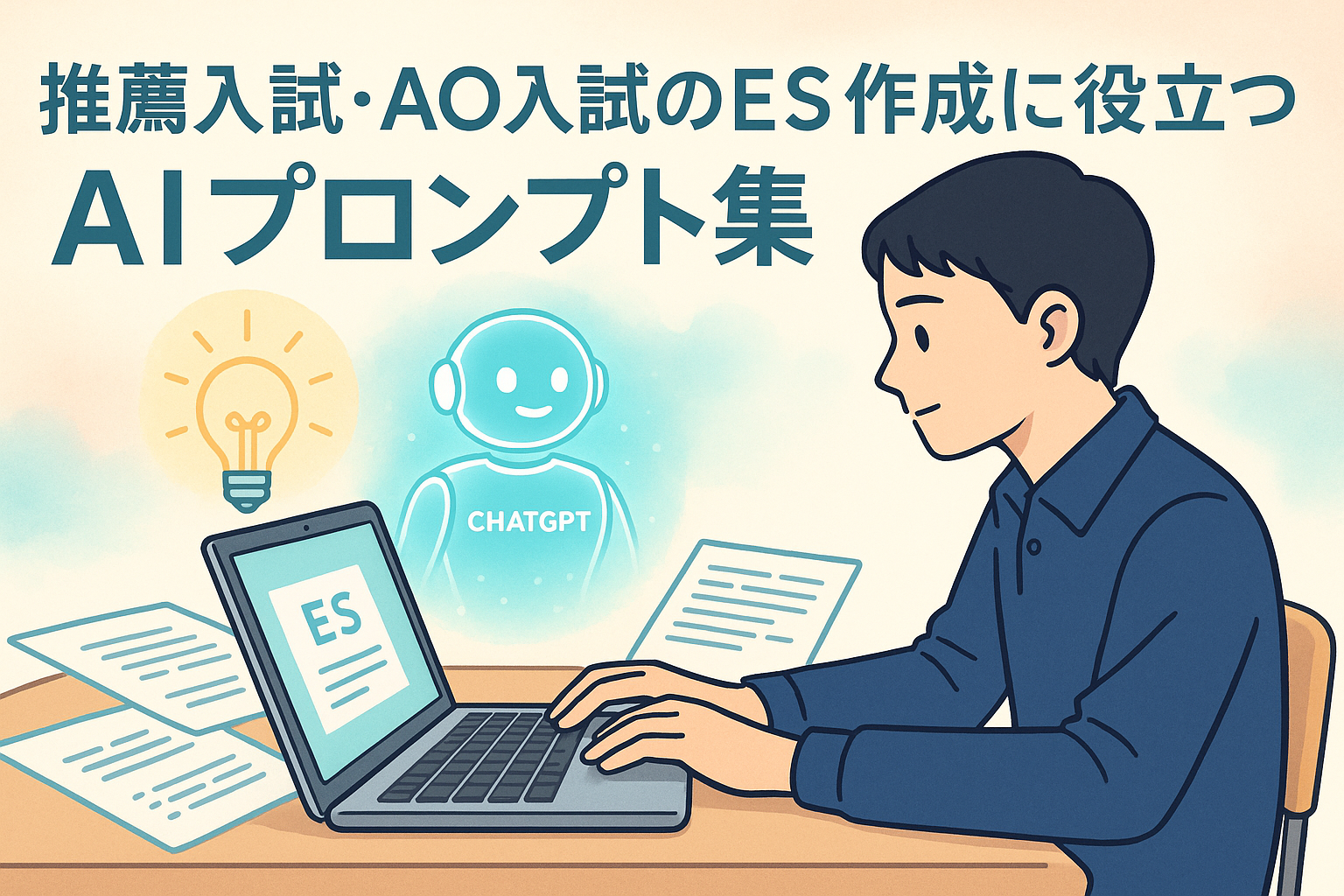 推薦入試・AO入試のES作成に役立つAIプロンプト集のアイキャッチイラスト。高校生がノートパソコンでエントリーシートを作成し、そばに光るChatGPTアイコンが浮かんでいるデザイン。