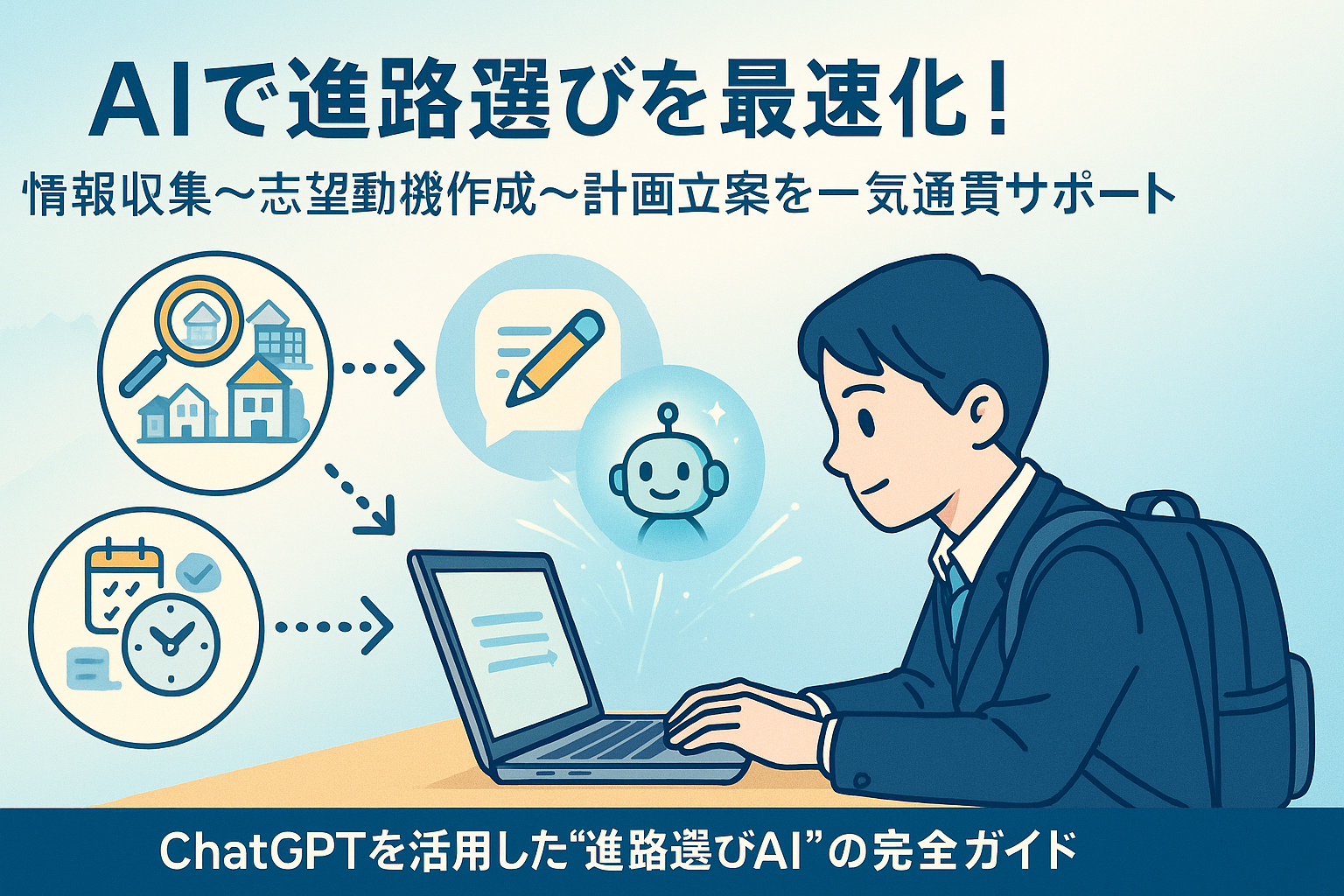 ノートパソコンで進路選びを進める高校生の横長バナー。情報収集・志望動機作成・計画立案を表すアイコンと、ChatGPTのAIロボットがサポートする様子を描いたデザイン。