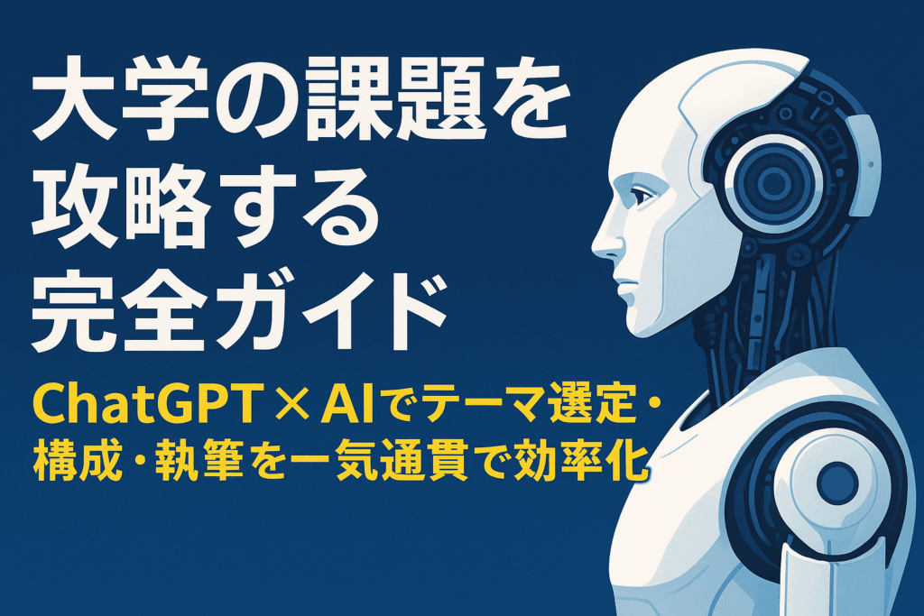 「大学の課題を攻略する完全ガイド:ChatGPT×AIでテーマ選定・構成・執筆を一気通貫で効率化」と大きく書かれた横長バナー。右側には未来的なロボットの横向きシルエットが配置され、背景は濃淡ブルーのグラデーション。