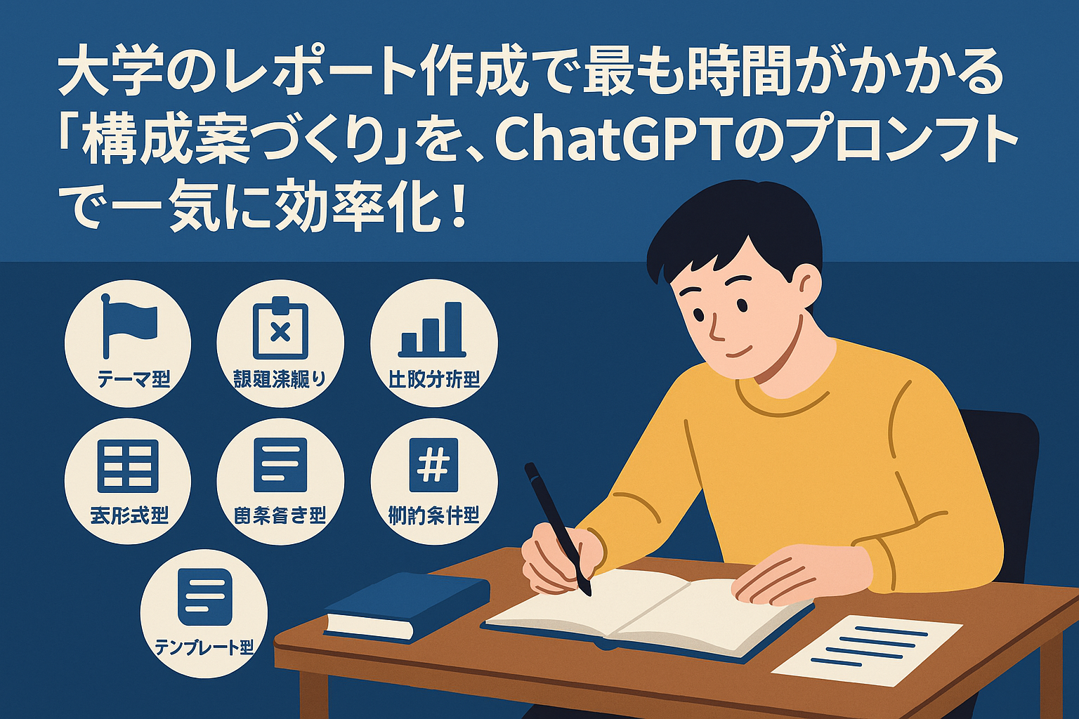「構成案づくり」をChatGPTプロンプトで効率化する横長バナー。左側に「一般テーマ型」「課題深掘り型」「比較分析型」「表形式型」「箇条書き要約型」「テンプレート型」「制約条件型」の7つのアイコン、右側にノートにメモする学生のイラストと「大学のレポート作成で最も時間がかかる『構成案づくり』を、ChatGPTのプロンプトで一気に効率化！」のキャッチコピー。