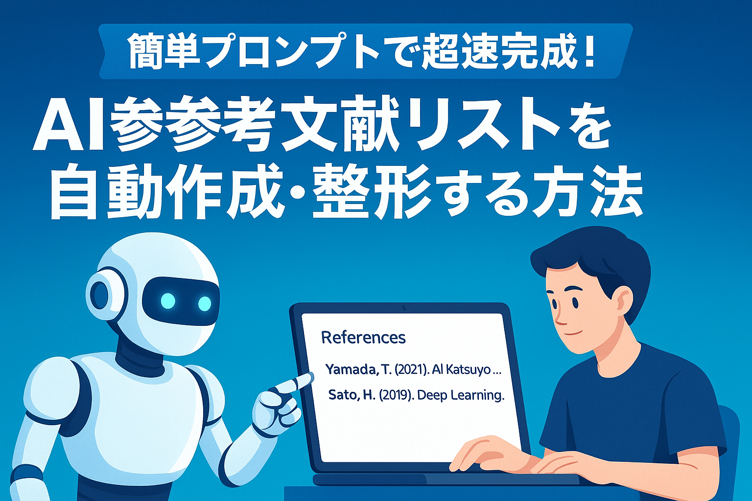 ノートPCの画面に表示された参考文献リストを指し示すAIロボットと、その横でリストを確認する学生が並ぶ横長バナー。上部に「簡単プロンプトで超速完成！AI参考文献リストを自動作成・整形する方法」というキャッチコピー。