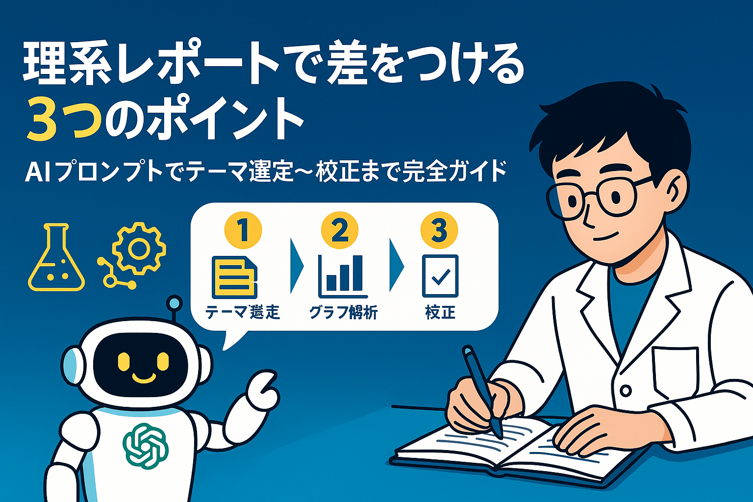 理系実験アイコン３つの横にChatGPTロボットが３ステップ（テーマ選定→グラフ解析→校正）の吹き出しを示し、その右で理系学生が実験ノートにメモを取る横長バナー。「理系レポートで差をつける３つのポイント　AIプロンプトでテーマ選定～校正まで完全ガイド」のキャッチコピー入り。