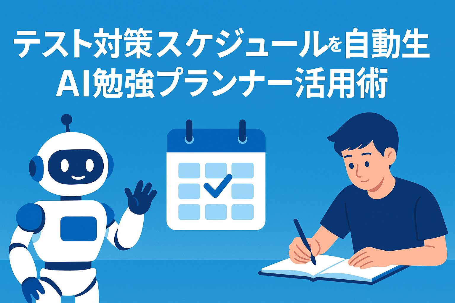 「テスト対策スケジュールを自動生成！AI勉強プランナー活用術」のキャッチコピーが大きく配置された横長バナー。背景に青のグラデーション、中央にはカレンダーアイコンが浮かび、左側にロボット、右側にノートに向かう学生のイラスト。