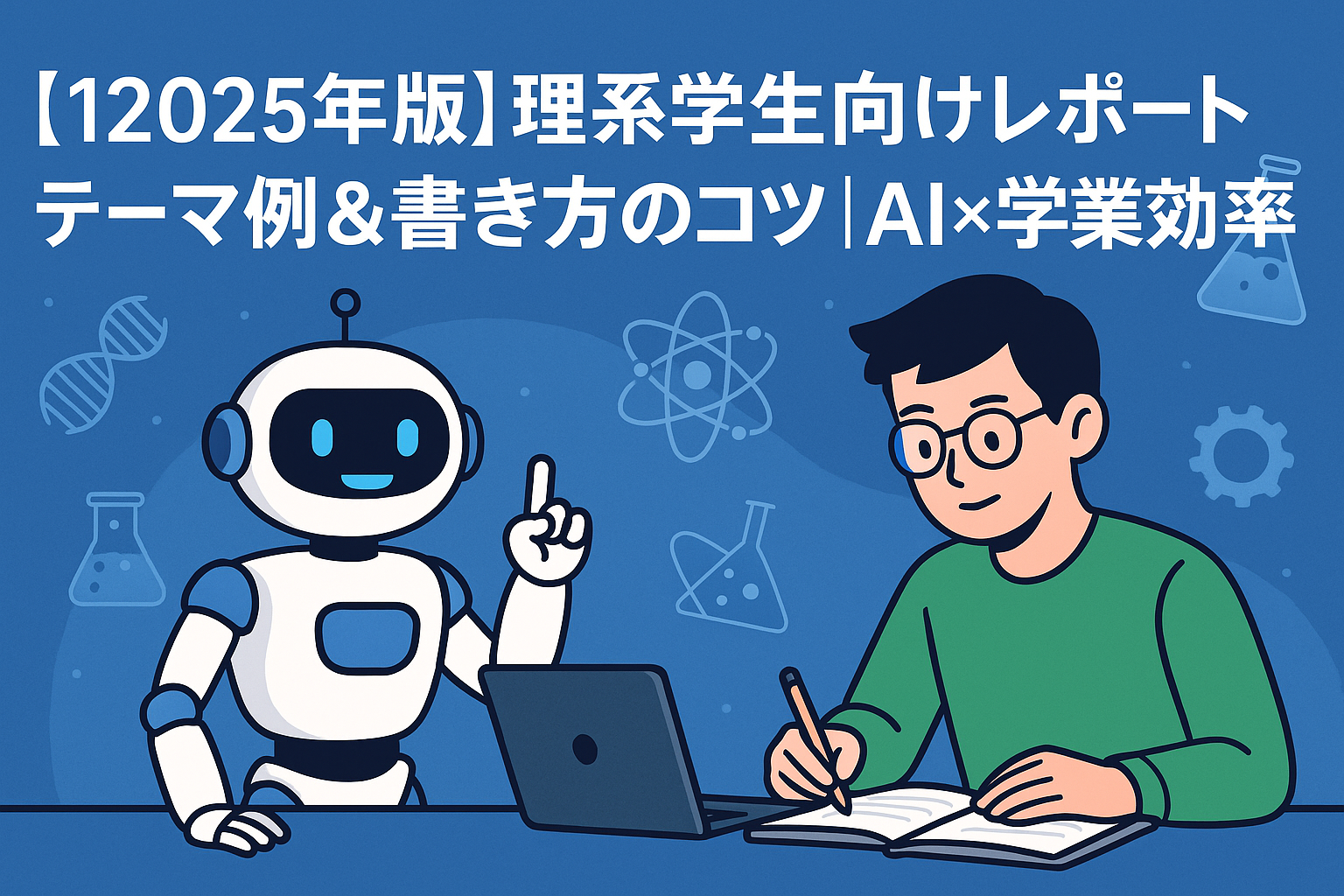 【2025年版】理系レポートテーマ例＆書き方のコツ｜AI×学業効率化」のタイトルを上部に配置した横長バナー。左側にフラスコや原子モデルのアイコン、中央にChatGPT風ロボット、右側にレポートを執筆する理系学生のイラストが並ぶ。
