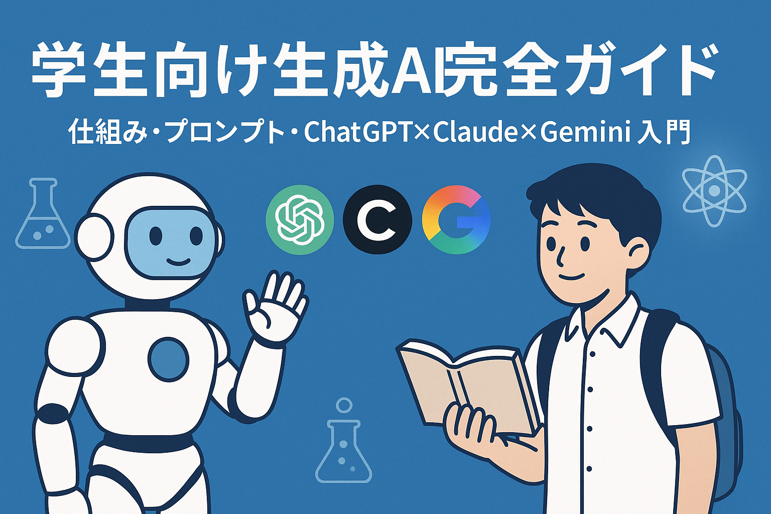 青いグラデーション背景の横長バナー。「学生向け生成AI完全ガイド|仕組み・プロンプト・ChatGPT×Claude×Gemini入門」というタイトルが上部に大きく表示され、左側に手を挙げるAIロボット、中央にChatGPT・Claude・Geminiのロゴ、右側にリュックを背負った学生が本を読むイラストが並ぶデザイン。