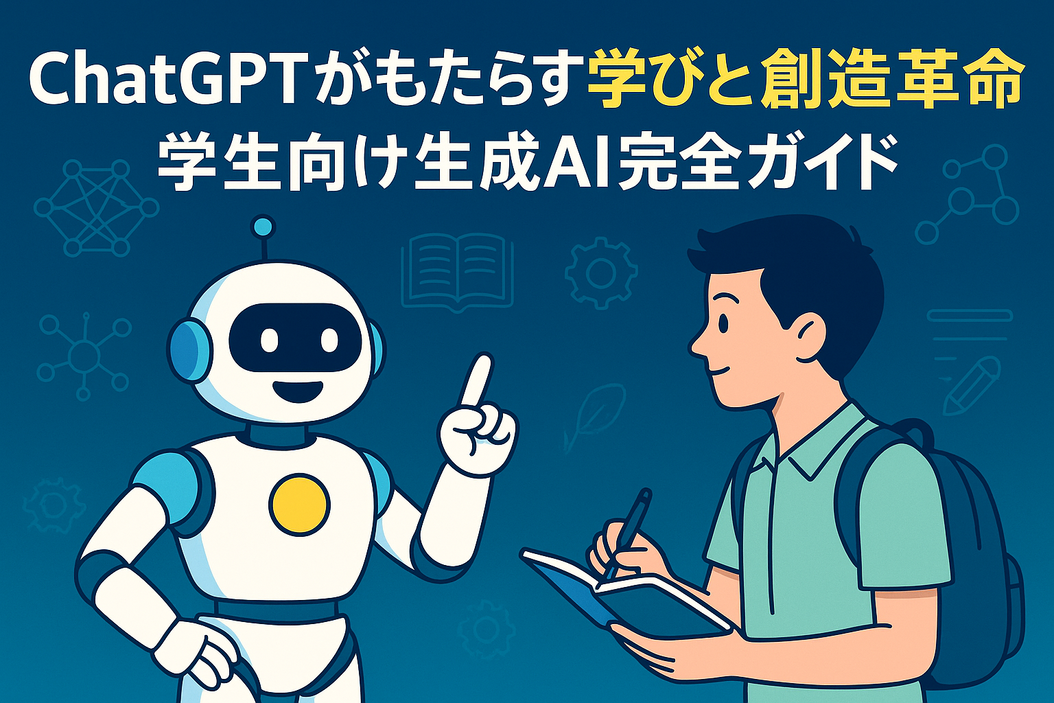 暗めのブルーグラデーション背景の横長バナー。「学生向け生成AI完全ガイド｜仕組み・プロンプト・ChatGPT×Claude×Gemini入門」のタイトルが上部中央に大きく配置され、左側に指を立てて解説するAIロボット、右側にリュックを背負いノートにメモを取る学生のイラストが並び、背景にはニューラルネットワークや分子モデル、歯車などの学習アイコンが薄く散りばめられています。