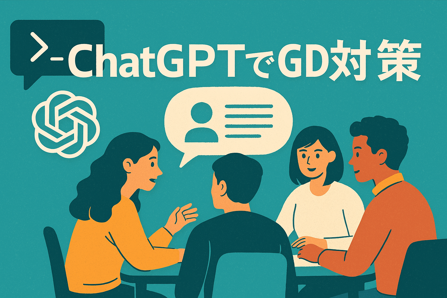 ChatGPTを使ってグループディスカッション対策をしている学生たちのイラスト