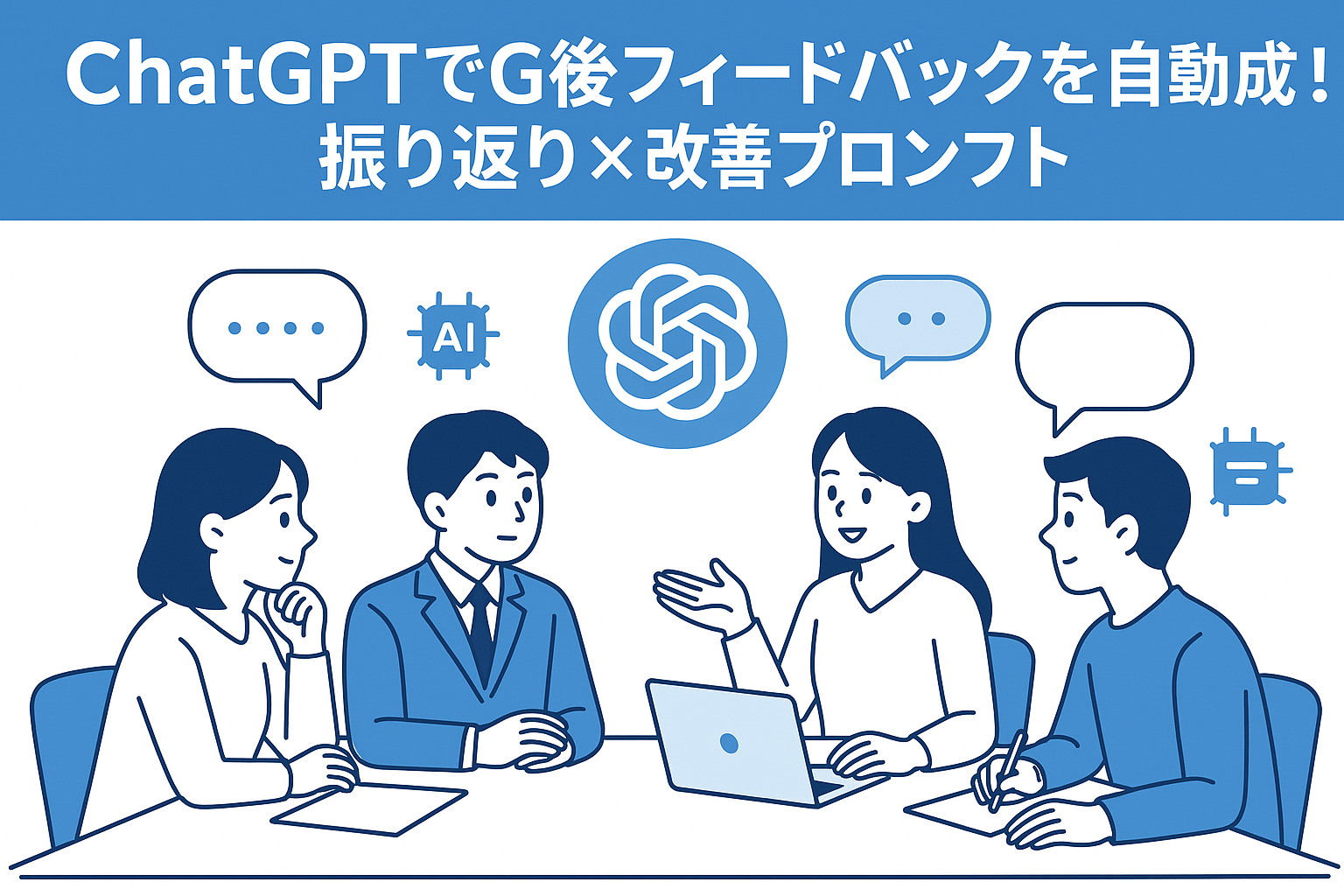 「学生4人がテーブルを囲んでGD練習し、ChatGPTアイコンがフィードバックをサポートするイラスト」