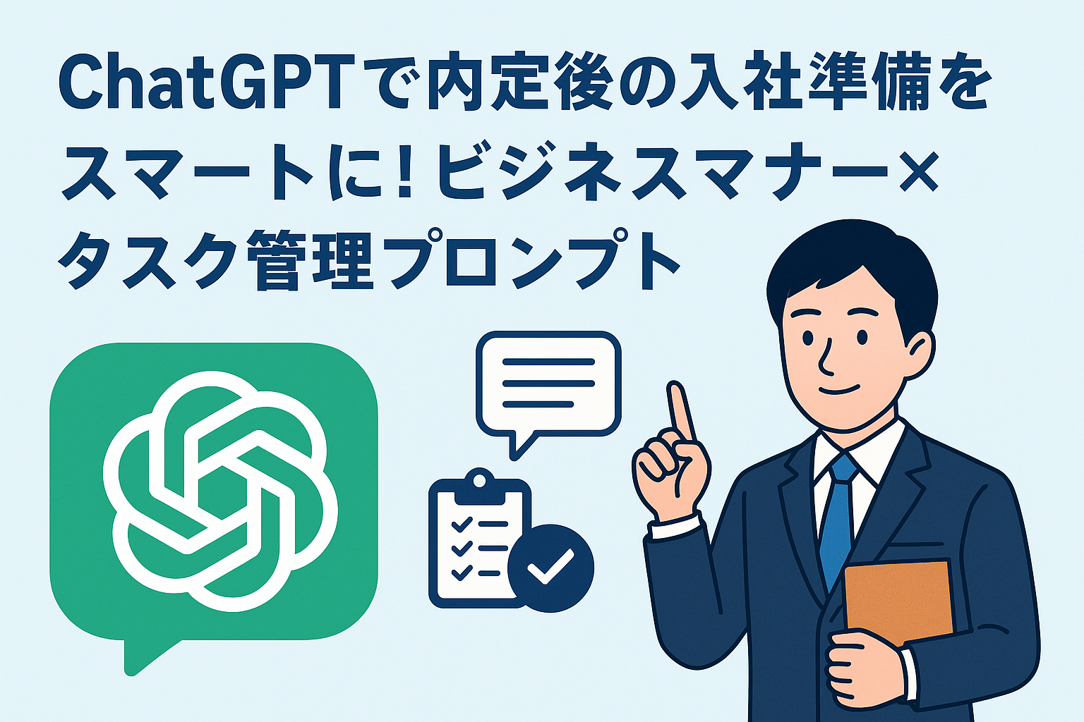 ChatGPTの吹き出しアイコン、タスク管理のチェックリストアイコン、スーツ姿の青年イラストが並ぶバナー。『ChatGPTで内定後の入社準備をスマートに！ビジネスマナー×タスク管理プロンプト』の見出し入り。