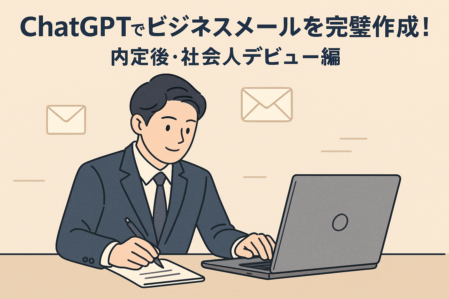 新社会人風の若い男性がノートを取りながらパソコンでビジネスメールを書いているイラスト。背景に飛び交うメールアイコンが描かれている。